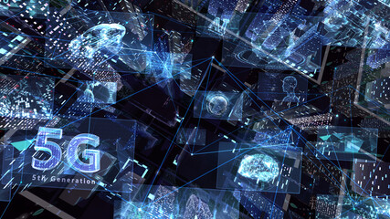 Digital Communication Network Technology AI Big data City Building Business 3D illustration