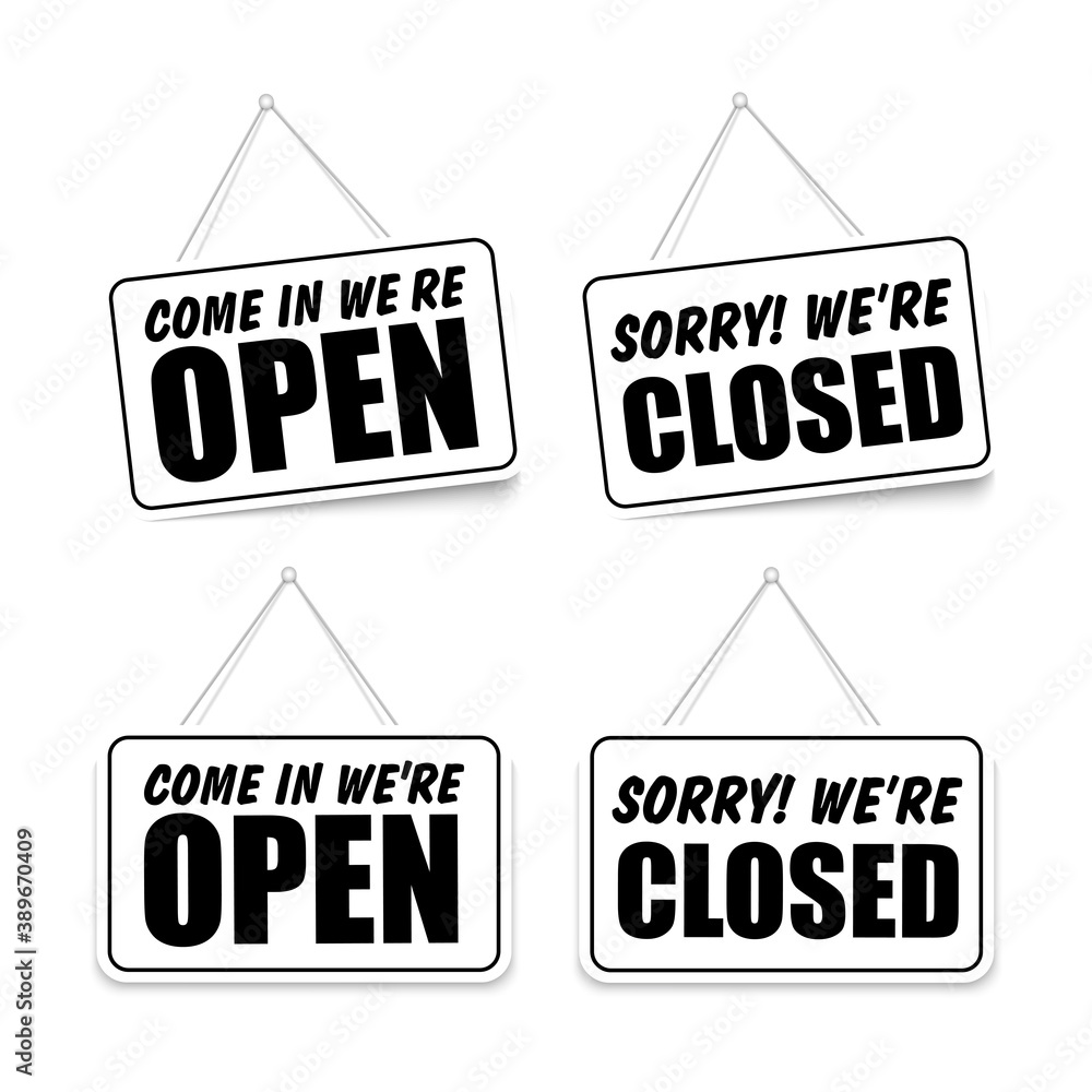 Poster come in we're open or closed in signboard with a rope on transparent background. vector