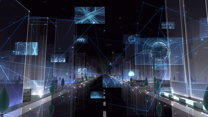 Digital Communication Network Technology AI Big data City Building Business 3D illustration - obrazy, fototapety, plakaty