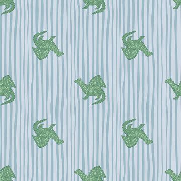 Seamless Fairytail Pattern With Green Dragons Elements. White And Blue Striped Background.