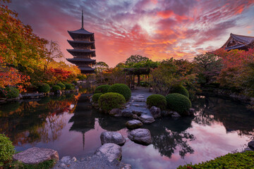 sunset over ancient wooden pagoda Toji temple in autumn garden, Kyoto, Japan.