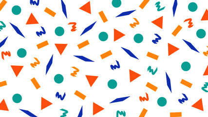 Geometric colorful memphis design vector background. Abstract orange, blue and green creative pattern, stylish geometric figures pattern vector design for wrapping paper, wallpaper, flyer or cover