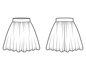 Skirt dirndl technical fashion illustration with above-the-knee lengths, circular fullness, thick waistband. Flat bottom template front, back, white color style. Women men unisex CAD mockup