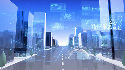 Digital Communication Network Technology AI Big data City Building Business 3D illustration