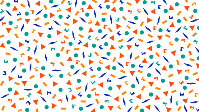 Abstract memphis geometric design vector background. Abstract orange, blue and green confetti shapes banner with repeat patterns, creative stylish vector design for ads, wallpapers, flyers or covers