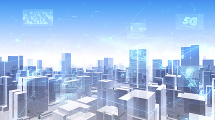 Digital Communication Network Technology AI Big data City Building Business 3D illustration