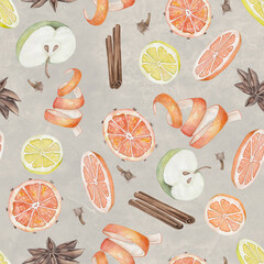 set for mulled wine from citrus and spices and apple, pattern, watercolor