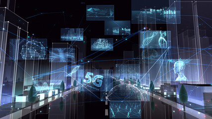 Digital Communication Network Technology AI Big data City Building Business 3D illustration