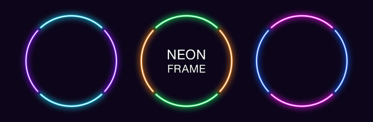 Neon circle Frame. Set of round neon Border in 4 outline parts. Geometric shape