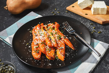 Baked slices of pumpkin with seasonings and feta on stone background