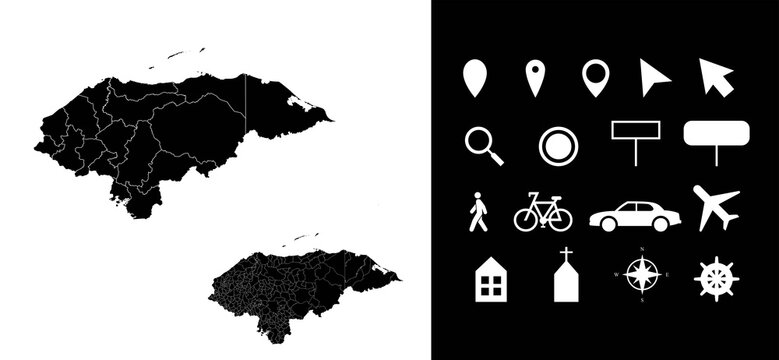 Map of Honduras administrative regions departments, icons. Map location pin, arrow, man, bicycle, car, airplane.