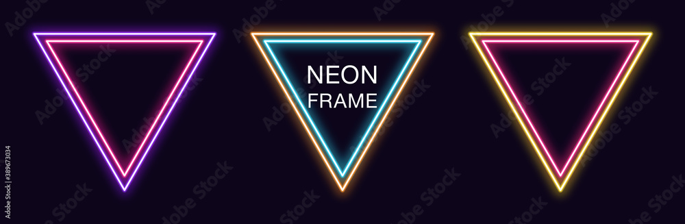 Poster neon triangle frame. set of triangular neon border with double outline. geometric shape