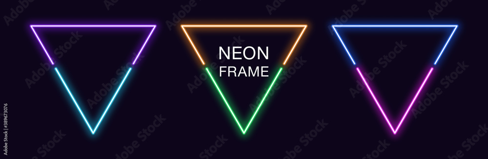 Poster neon triangle frame. set of triangular neon border in 2 outline parts. geometric shape