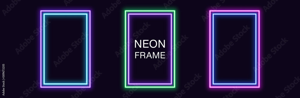 Poster neon rectangle frame. set of rectangular neon border with double outline. vector geometric shape
