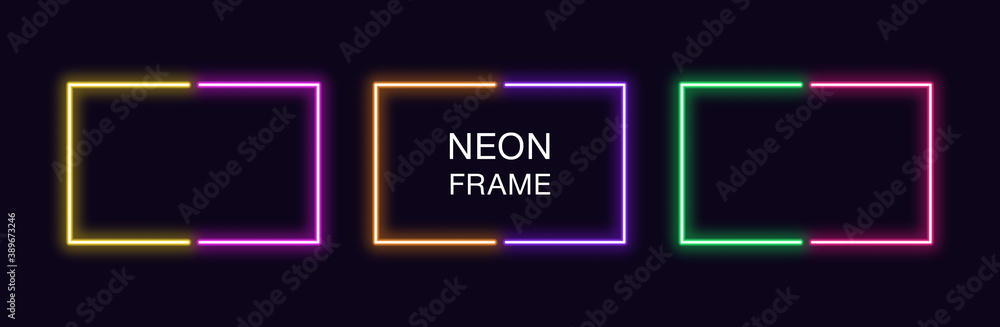 Poster neon rectangle frame. set of rectangular neon border in 2 outline parts. vector geometric shape