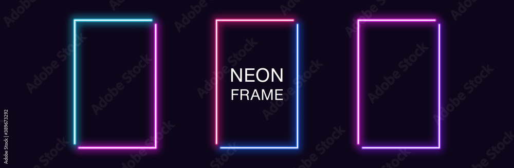 Poster neon rectangle frame. set of rectangular neon border in 2 angular parts. geometric shape