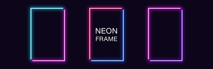 Neon rectangle Frame. Set of rectangular neon Border in 2 angular parts. Geometric shape - obrazy, fototapety, plakaty