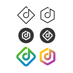 Music logos with note on a square, round and hex badge. Line style and colour variations.