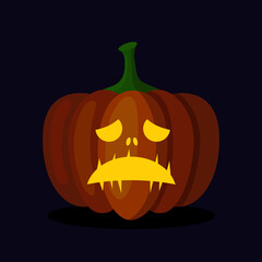 Orange pumpkin lantern with a scary face for Halloween. Festive decoration. Cartoon vector illustration on dark background