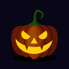 Orange pumpkin lantern with a scary face for Halloween. Festive decoration. Cartoon vector illustration on dark background