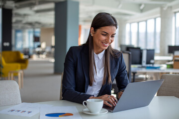 Young smiling businesswoman working on the laptop in the workplace.