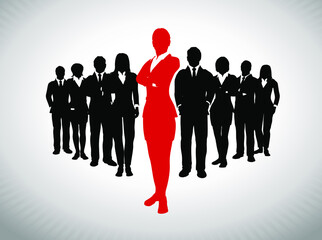 Bold Female Leader in front of large team of successful executives. A large team of successful executives in silhouettes led by a great bold Female leader in red who stands in front of them.