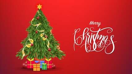 Fototapeta na wymiar Christmas Holiday , Merry Christmas Calligraphy and Christmas tree with gift on red background 
