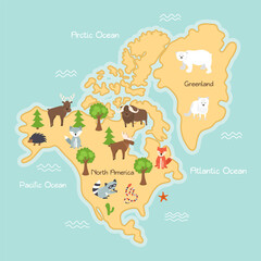 Map of North America wild animals and plants set