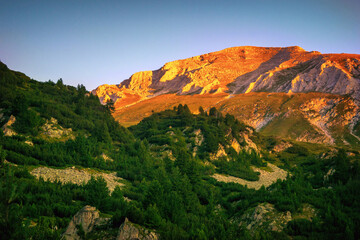 Hiking to Koncheto, view across the peaks of the Pirin Mountains in Bulgaria with Vihren, Kutelo,Todorka,Banski Suhodol , National Park Pirin with company of wild goats