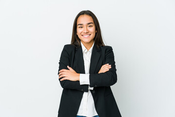 Young asian bussines woman isolated on white background who feels confident, crossing arms with determination.