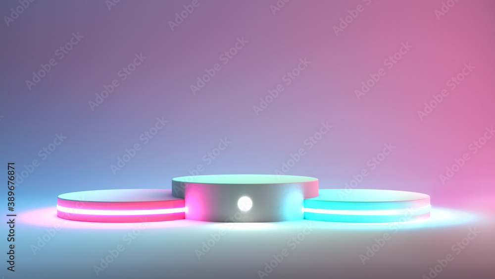 Aufkleber 3d rendering of three podiums with neon lights on a colored background for product presentation. dis
