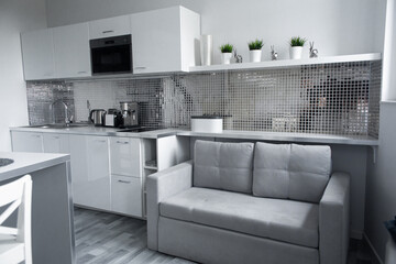 Minimalistic interior of a bright small apartment. Gray sofa