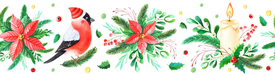 Watercolor Christmas border with Bullfinch,Holly,pine,spruce,leaves,candle on white background.Winter Robin bird with red breast feathers