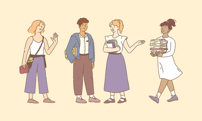 Group of people reading books. Multicultural people study together. Students with books stand together, meet, communicate, take books from the library. Education and knowledge concept