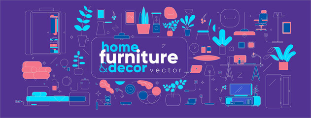 Large vector collection of interior items, home furnishings and decor.
