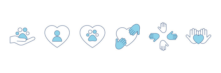 Voluntary, charity, donation set icons. Orphans and help, voluntary activity, heart in hands vector stock illustration isolated on white background.