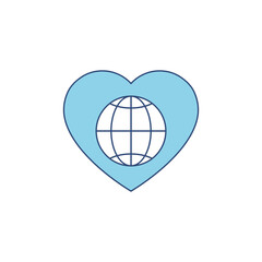 Globe blue icon inside heart vector illustration isolated on white background.