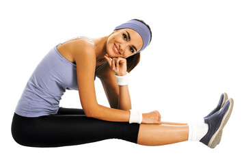 Happy smiling african american or latinos woman in sportswear doing fitness stretching exercise or youga moves, isolated against white. Young sporty model at studio. Health and fitness concept.