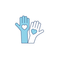 Heart blue silhouette icon on the hand isolated on the white background. Voluntary symbol illustration. 