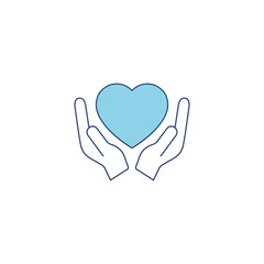 Heart blue silhouette icon on the hand isolated on the white background. Voluntary symbol illustration. 