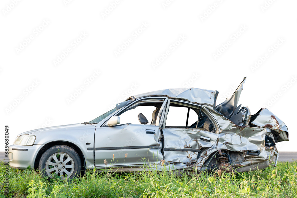 Sticker Silver modern car get serious damage by accident. Isolated on white. Save with clipping path