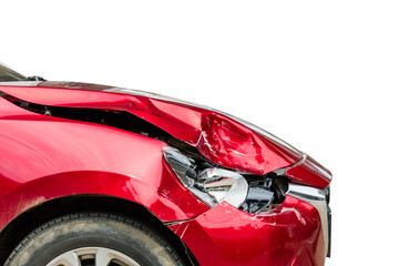 Right front of red modern car got damaged by accident. Isolated on white background. For...