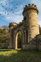 A set of symmetrical castle turrets forming a gateway. Historic building with blue skies in the background and birds flying over head  © Victoria_Hunter