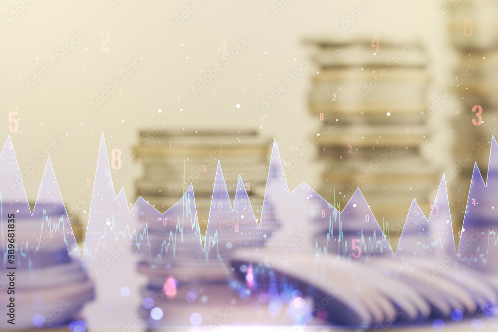 Poster abstract virtual stats data hologram on stacks of coins background. multiexposure