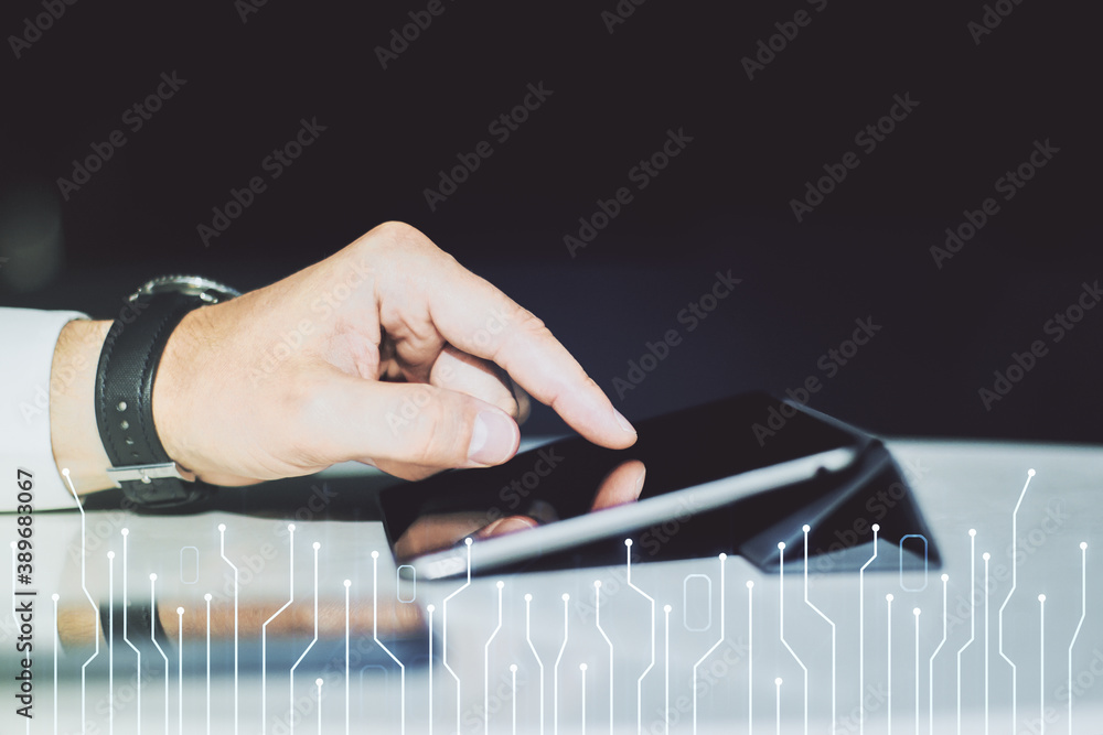 Aufkleber double exposure of circuit hologram and finger clicks on a digital tablet on background. research an