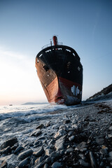 abandoned cargo ship on the black sea coast taken during the day from a quadrocopter