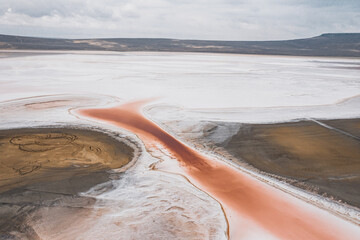 Pink lake on the Crimean Peninsula taken during the day from a quadrocopter