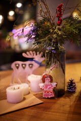 Obraz na płótnie Canvas Minimalistic Christmas decor cozy warm room with wooden furniture