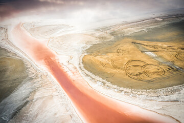 Pink lake on the Crimean Peninsula taken during the day from a quadrocopter