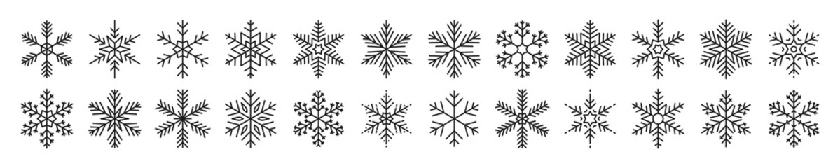 Snowflakes big set icons. Flake crystal silhouette collection. Happy new year, xmas, christmas. Snow, holiday, cold weather, frost. Winter design elements. Vector illustration.